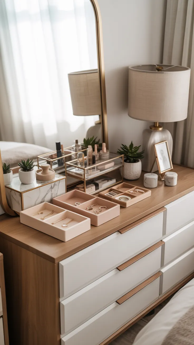 Bedroom dresser decor ideas with modern styling, organized accessories, and elegant bedroom design inspiration
