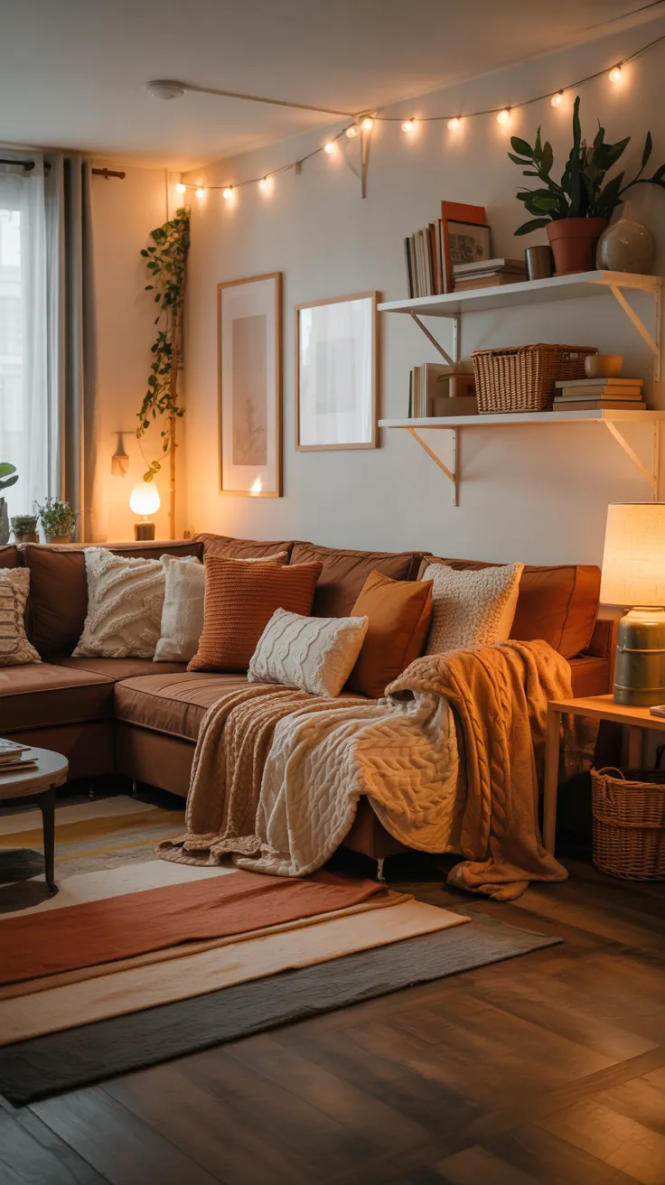 brown couch living room ideas with modern decor and cozy apartment design