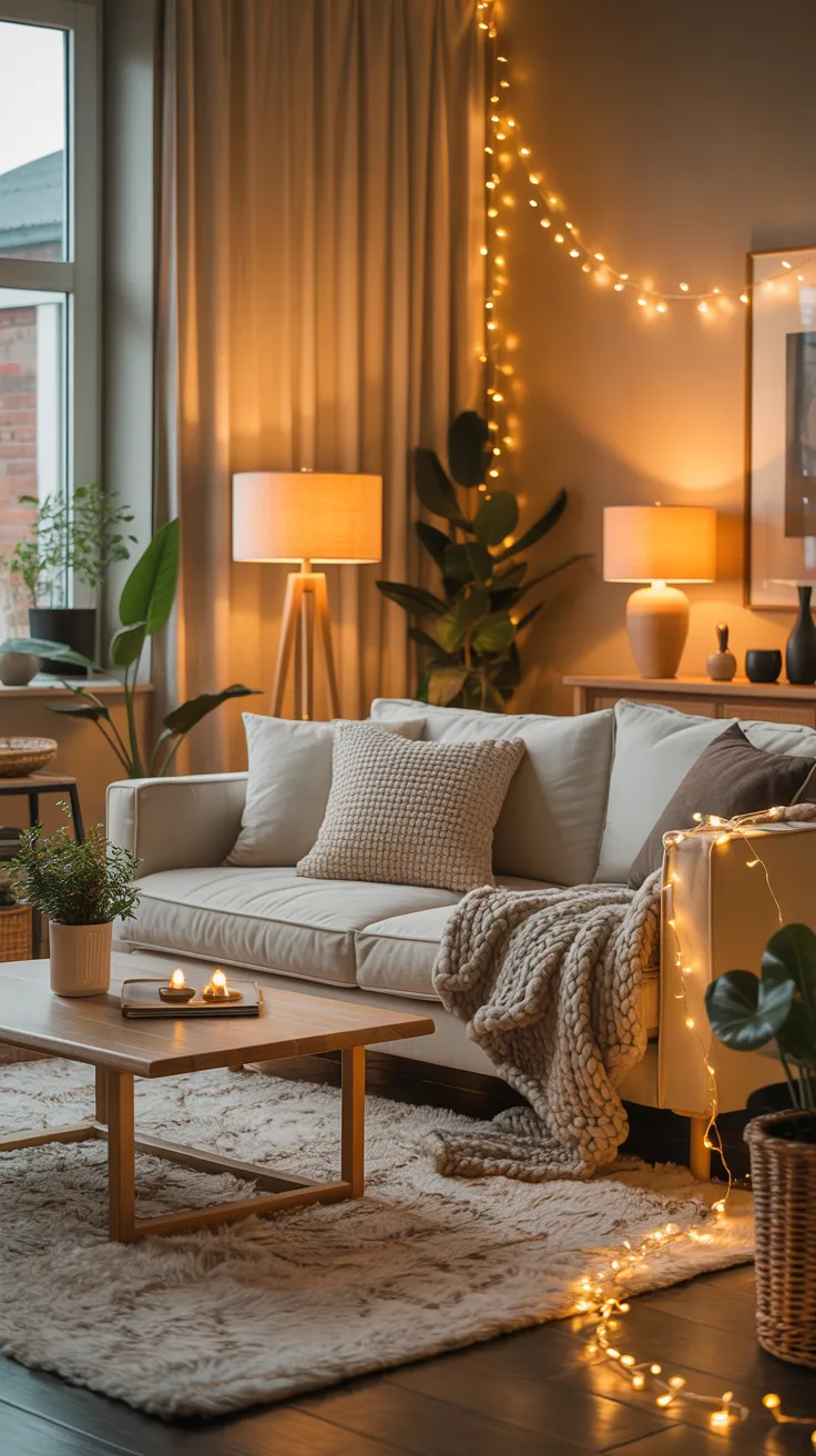 Cozy modern living room with beige sofa, wooden furniture, soft lighting, neutral decor, and natural sunlight creating a warm and inviting home interior
