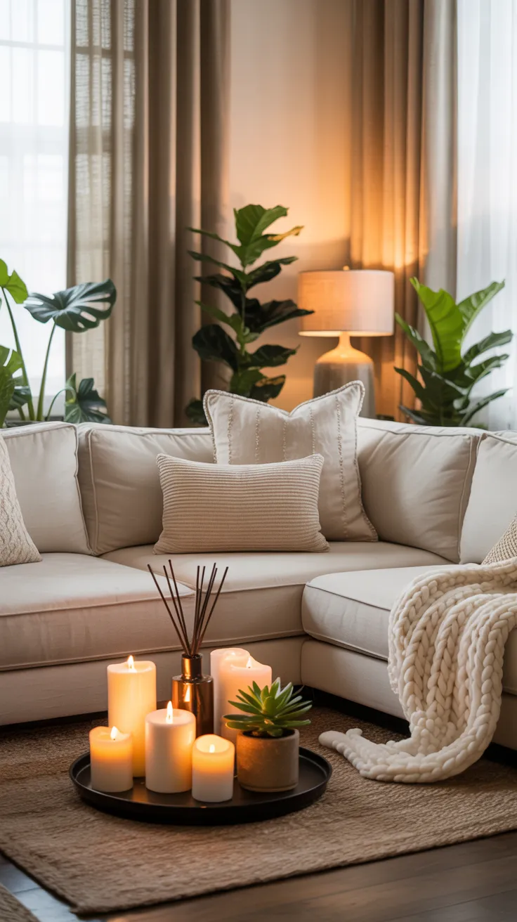 Cozy modern living room with beige sofa, wooden furniture, soft lighting, neutral decor, and natural sunlight creating a warm and inviting home interior