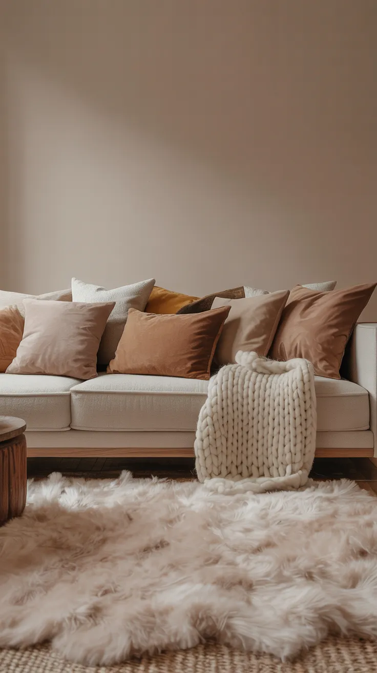 Cozy modern living room with beige sofa, wooden furniture, soft lighting, neutral decor, and natural sunlight creating a warm and inviting home interior