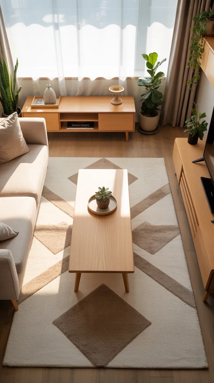 Cozy modern living room with beige sofa, wooden furniture, soft lighting, neutral decor, and natural sunlight creating a warm and inviting home interior