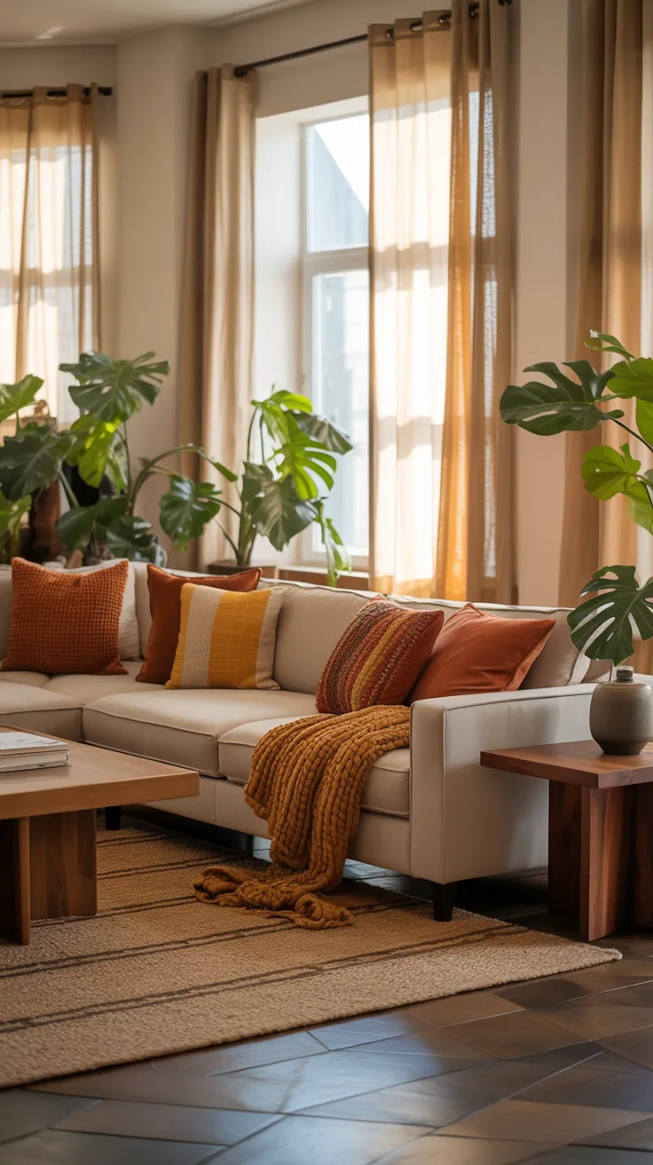 Cozy modern living room with beige sofa, wooden furniture, soft lighting, neutral decor, and natural sunlight creating a warm and inviting home interior