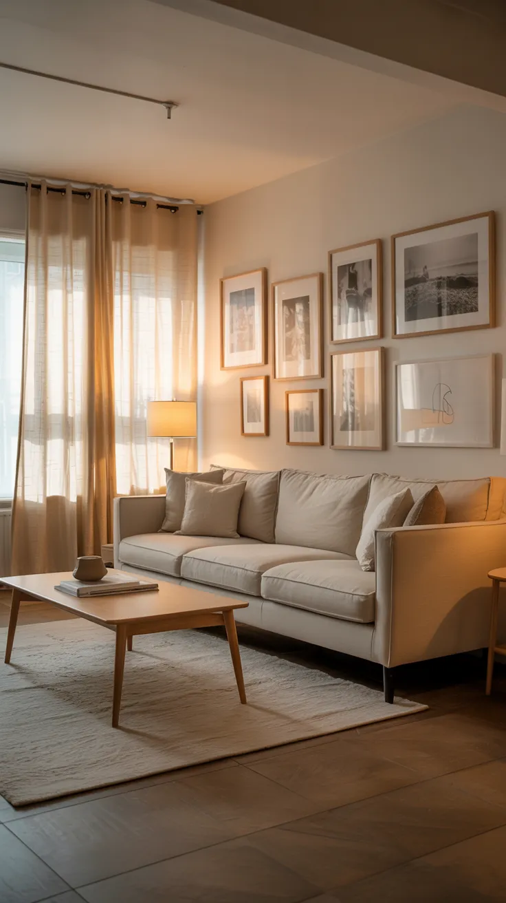 Cozy modern living room with beige sofa, wooden furniture, soft lighting, neutral decor, and natural sunlight creating a warm and inviting home interior