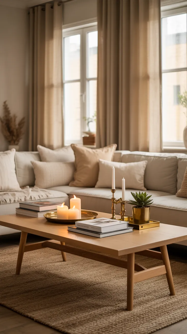 Cozy modern living room with beige sofa, wooden furniture, soft lighting, neutral decor, and natural sunlight creating a warm and inviting home interior