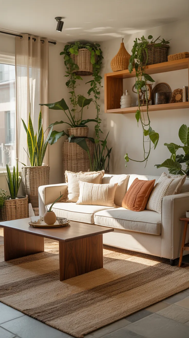Cozy modern living room with beige sofa, wooden furniture, soft lighting, neutral decor, and natural sunlight creating a warm and inviting home interior