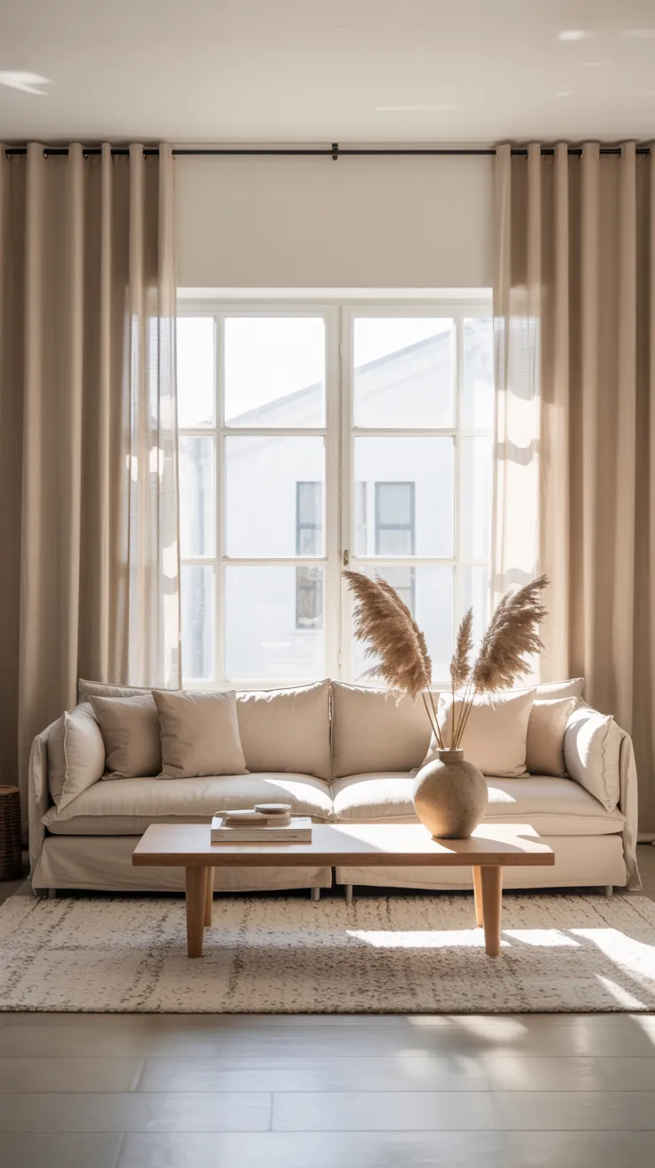 Cozy modern living room with beige sofa, wooden furniture, soft lighting, neutral decor, and natural sunlight creating a warm and inviting home interior