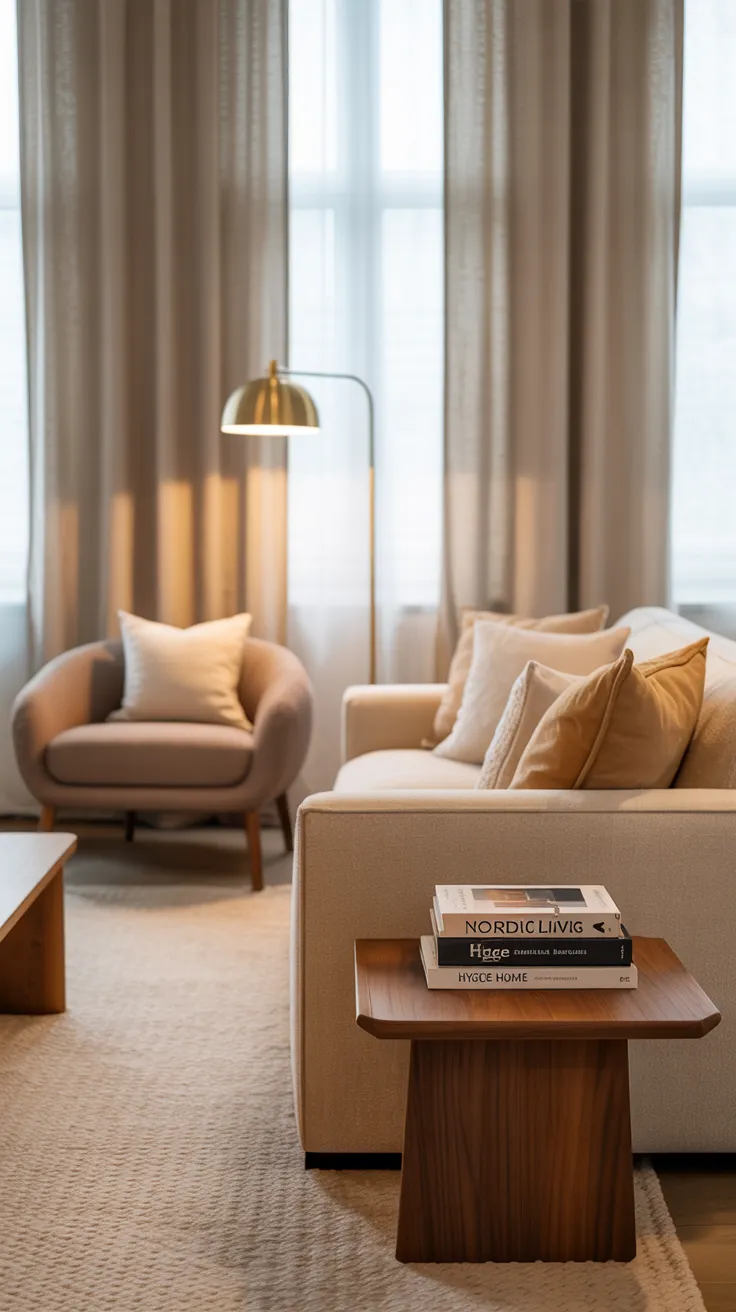 Cozy modern living room with beige sofa, wooden furniture, soft lighting, neutral decor, and natural sunlight creating a warm and inviting home interior