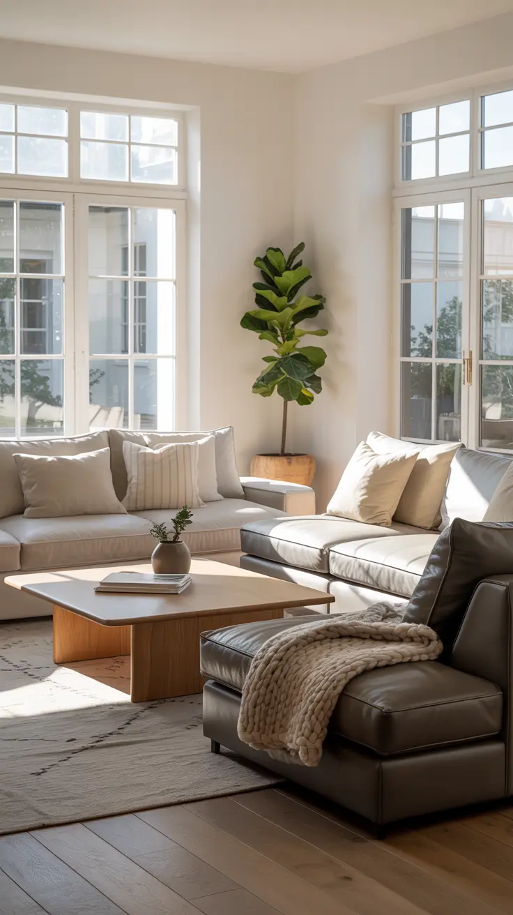 Modern living room decor ideas with neutral furniture, minimalist design, and clean contemporary styling.