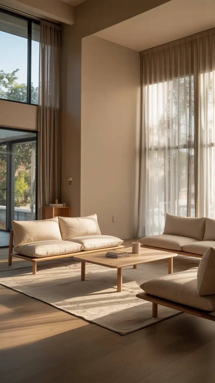 Modern living room decor ideas with neutral furniture, minimalist design, and clean contemporary styling.