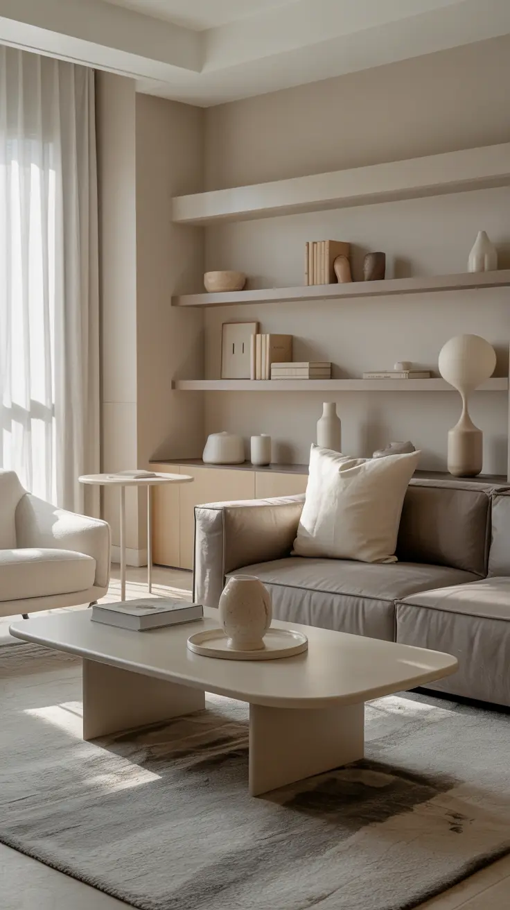 Small living room with beige sofa, space-saving furniture, neutral decor, natural light, and cozy interior design for compact spaces