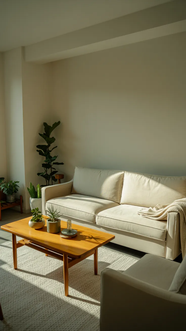 small apartment living room with beige sofa, neutral decor, natural light, plants, and cozy minimalist interior design
