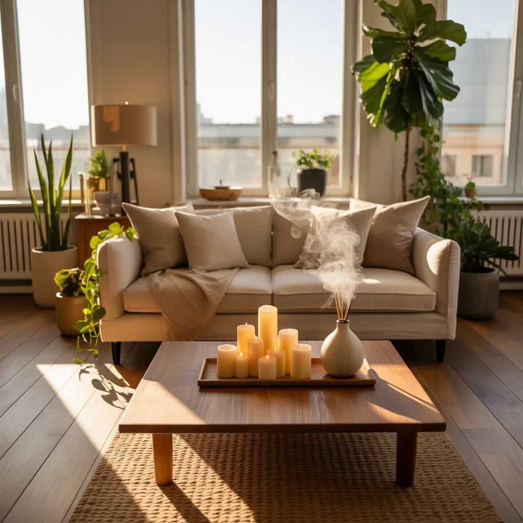 small apartment living room with beige sofa, neutral decor, natural light, plants, and cozy minimalist interior design