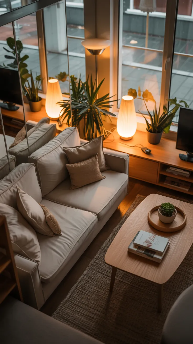 small apartment living room with beige sofa, neutral decor, natural light, plants, and cozy minimalist interior design