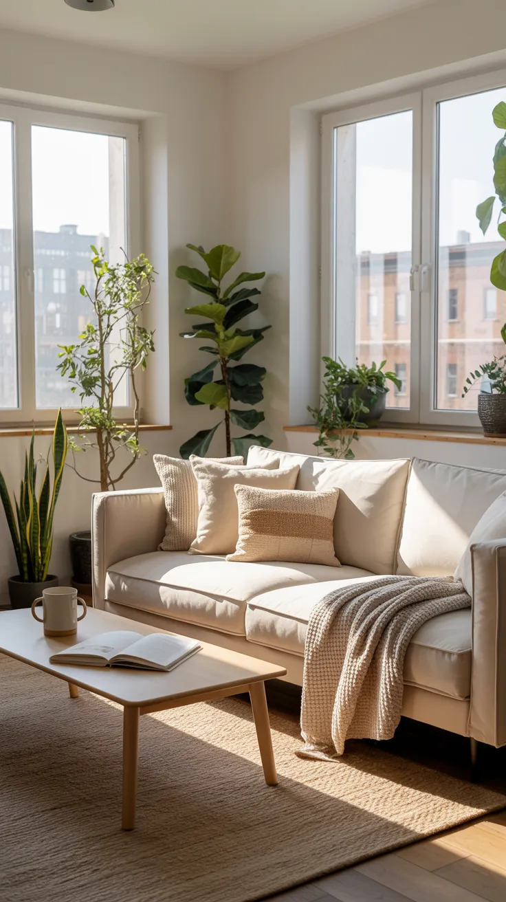 small apartment living room with beige sofa, neutral decor, natural light, plants, and cozy minimalist interior design