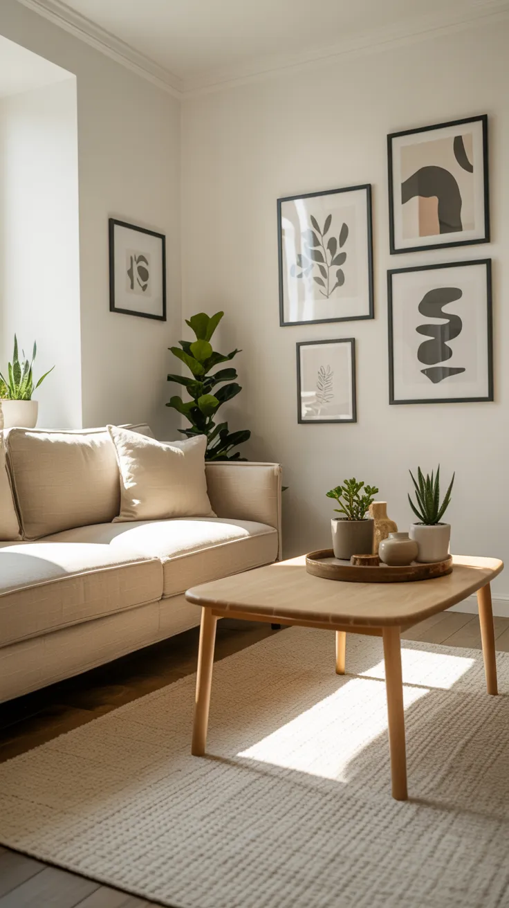small apartment living room with beige sofa, neutral decor, natural light, plants, and cozy minimalist interior design