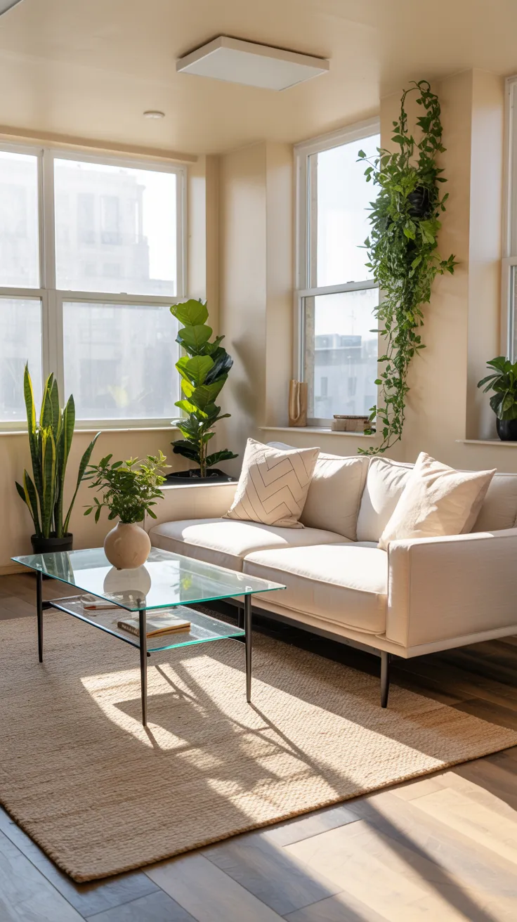 small apartment living room with beige sofa, neutral decor, natural light, plants, and cozy minimalist interior design