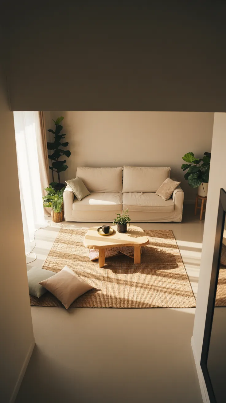 small apartment living room with beige sofa, neutral decor, natural light, plants, and cozy minimalist interior design