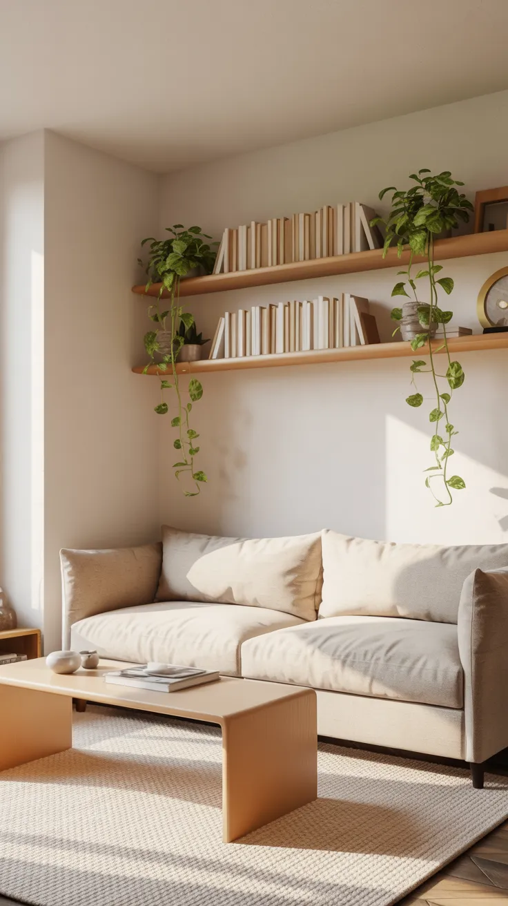 small apartment living room with beige sofa, neutral decor, natural light, plants, and cozy minimalist interior design