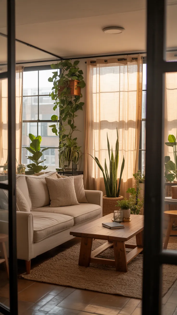 small apartment living room with beige sofa, neutral decor, natural light, plants, and cozy minimalist interior design