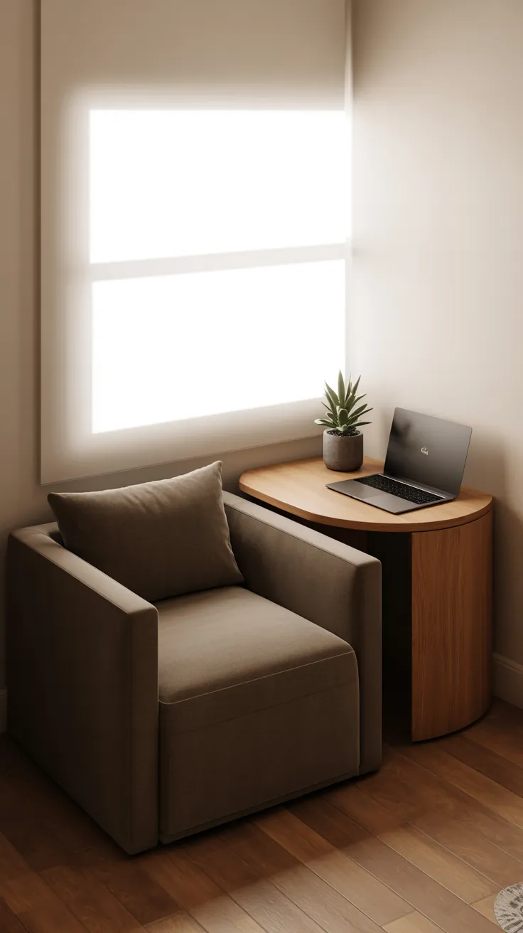 small apartment living room with beige sofa, neutral decor, natural light, plants, and cozy minimalist interior design