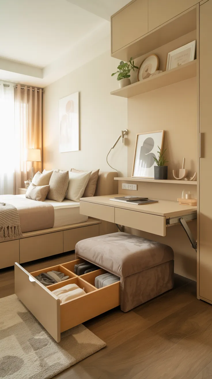 Small bedroom decor ideas with stylish space-saving furniture and modern small room decor design inspiration