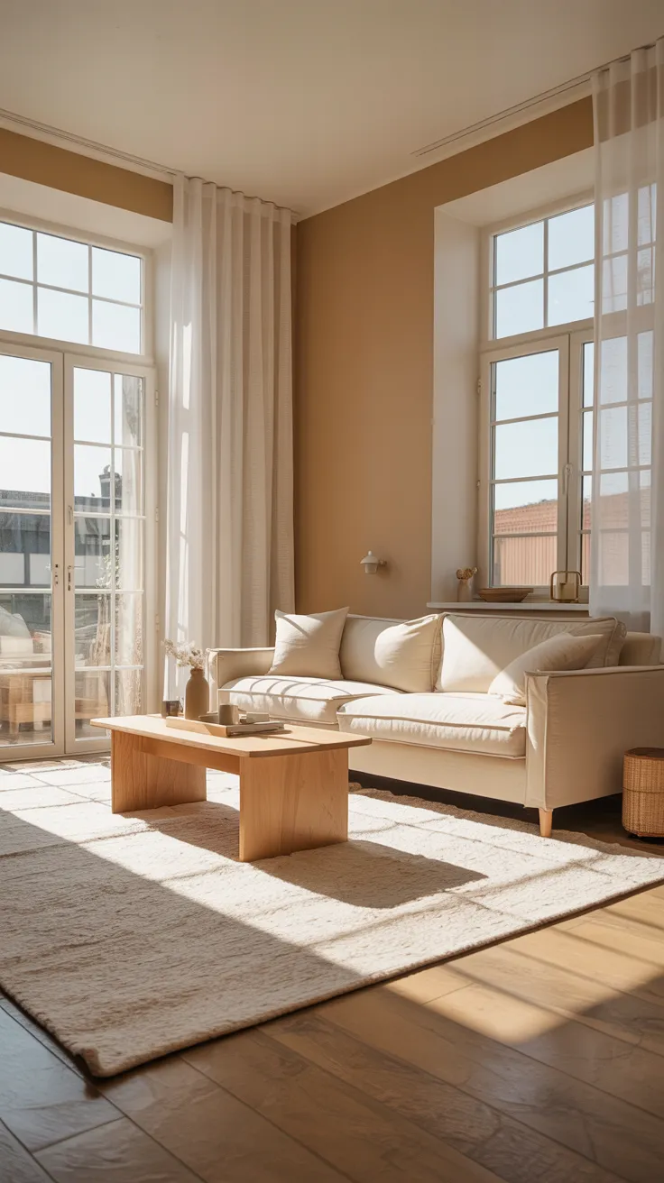 Small living room with beige sofa, space-saving furniture, neutral decor, natural light, and cozy interior design for compact spaces