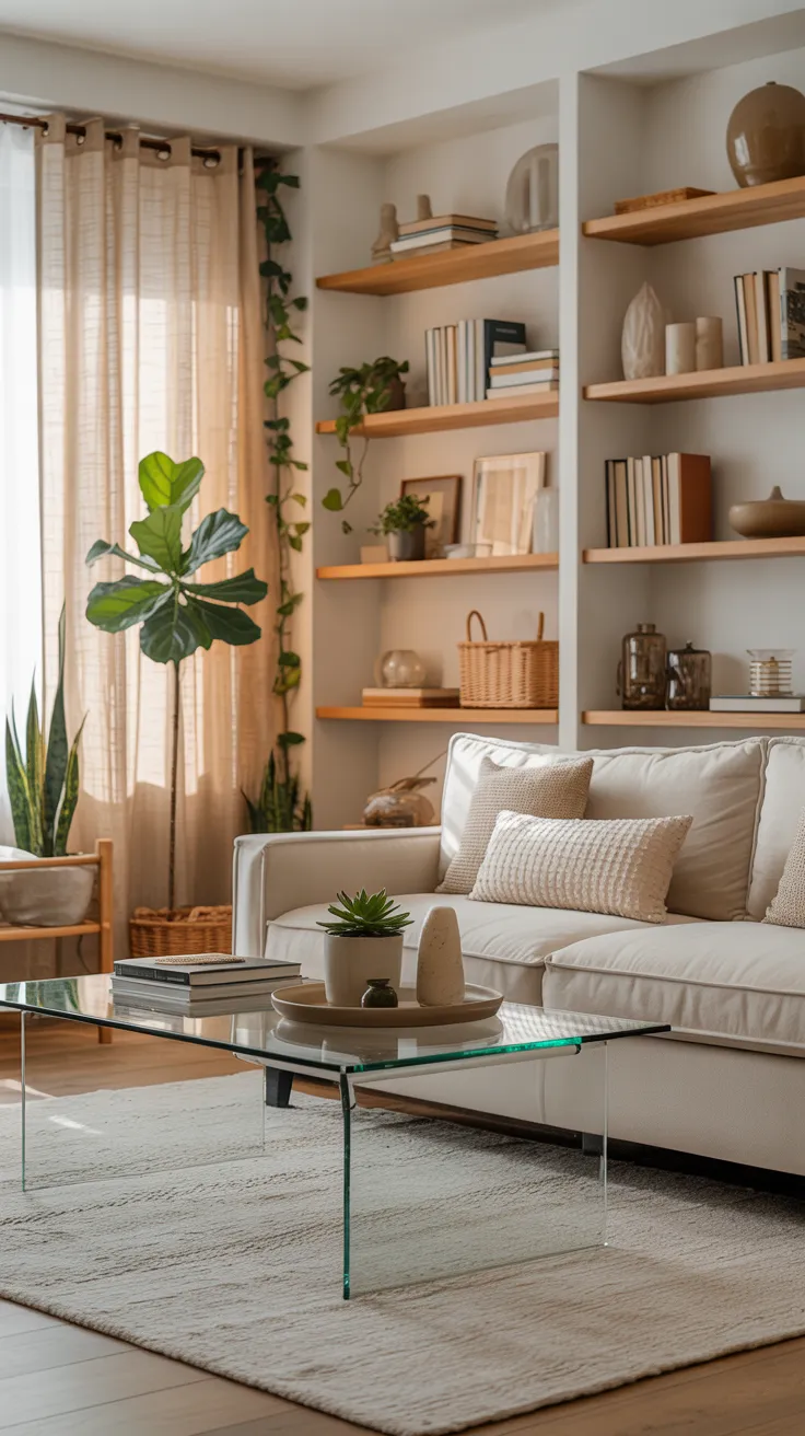 Small living room with beige sofa, space-saving furniture, neutral decor, natural light, and cozy interior design for compact spaces