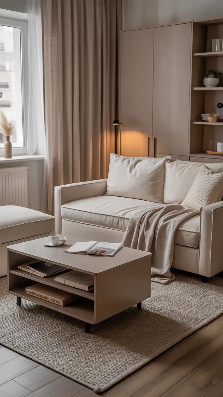 Small living room with beige sofa, space-saving furniture, neutral decor, natural light, and cozy interior design for compact spaces