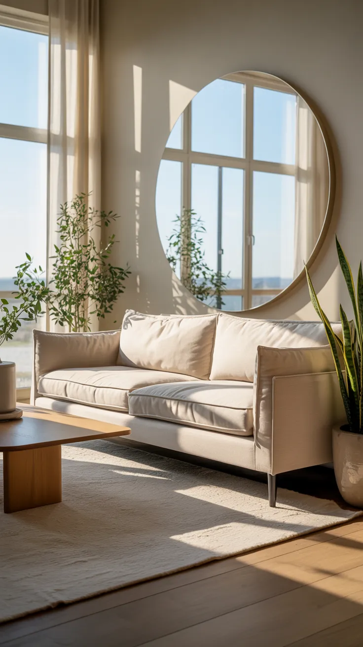 Small living room with beige sofa, space-saving furniture, neutral decor, natural light, and cozy interior design for compact spaces
