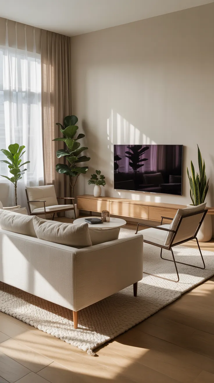 Small living room with beige sofa, space-saving furniture, neutral decor, natural light, and cozy interior design for compact spaces