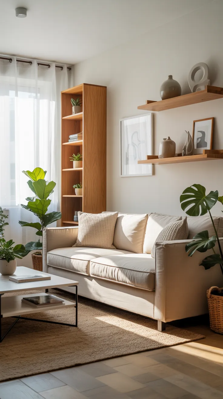 Small living room with beige sofa, space-saving furniture, neutral decor, natural light, and cozy interior design for compact spaces