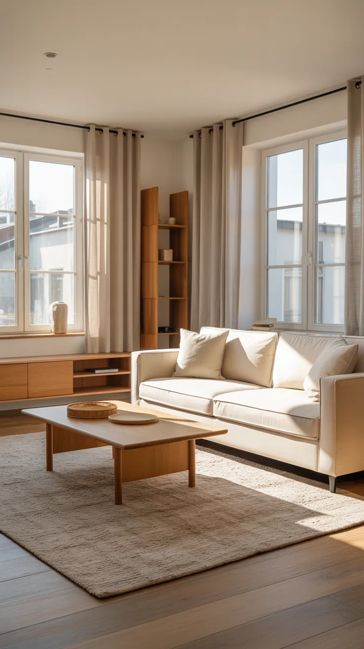 Small living room with beige sofa, space-saving furniture, neutral decor, natural light, and cozy interior design for compact spaces