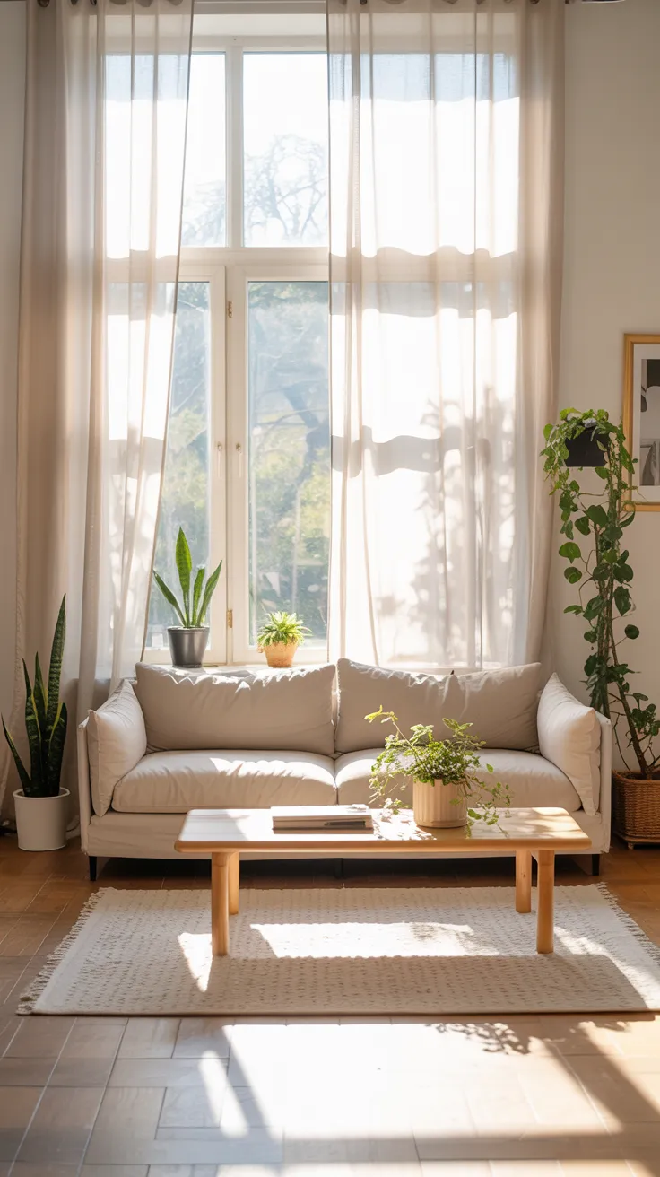 Small living room with beige sofa, space-saving furniture, neutral decor, natural light, and cozy interior design for compact spaces