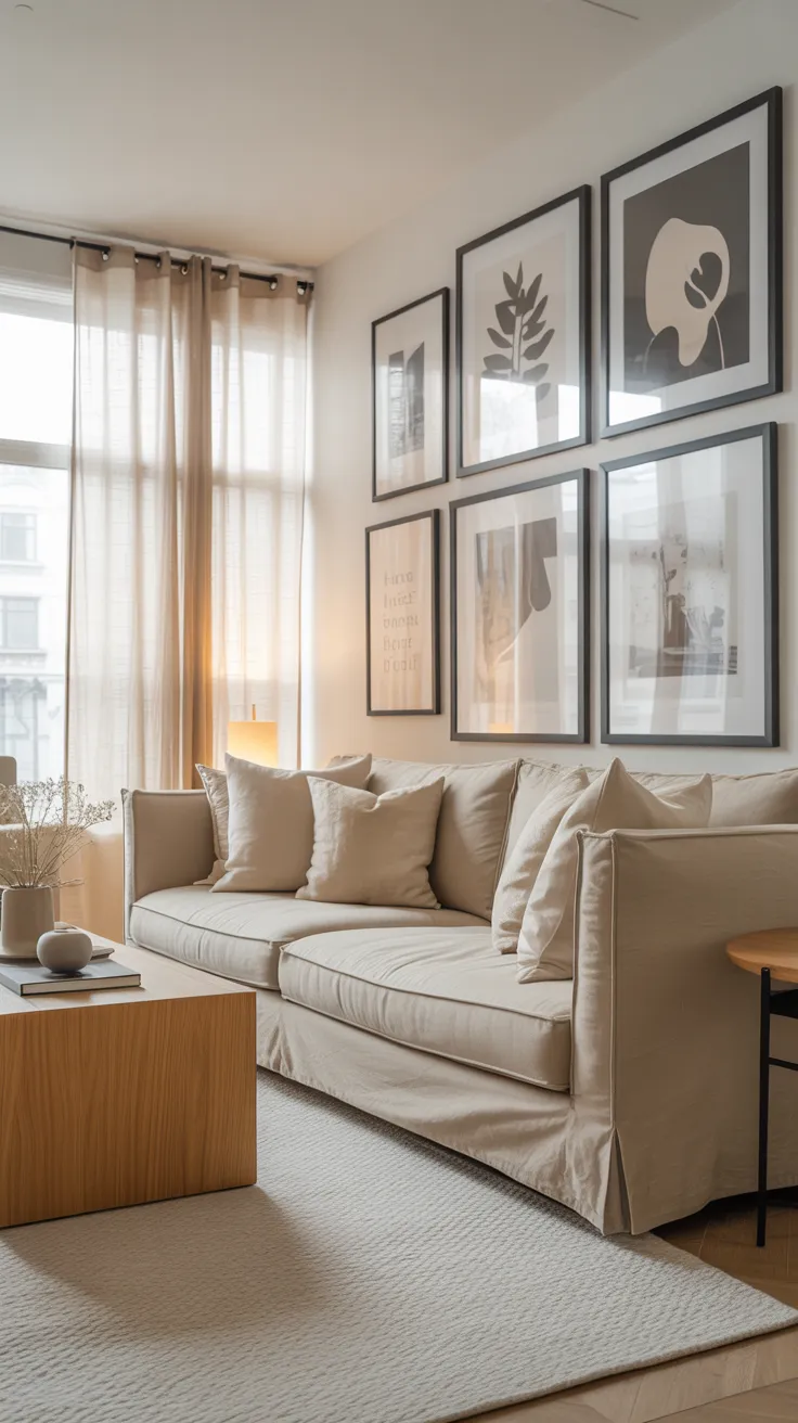Small living room with beige sofa, space-saving furniture, neutral decor, natural light, and cozy interior design for compact spaces