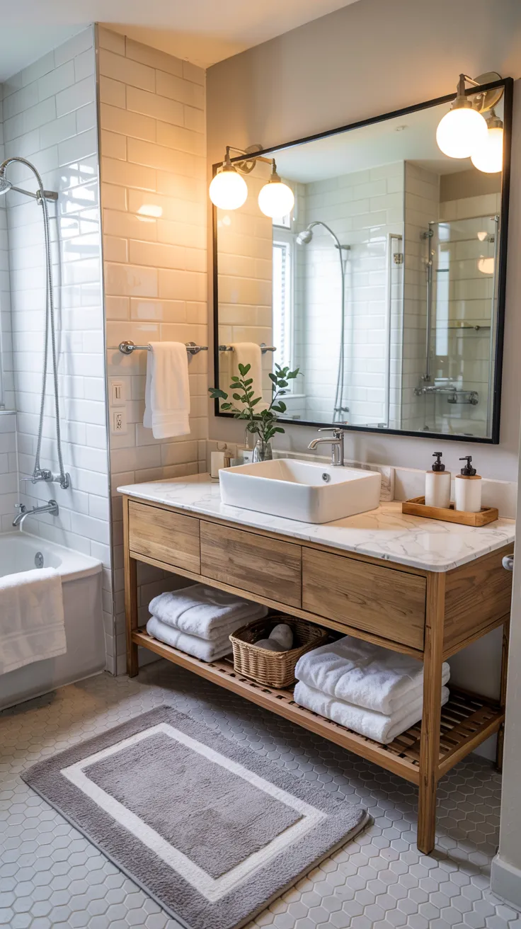 Modern apartment bathroom decor showcasing stylish, space-saving, renter-friendly design ideas with clean, cozy, and functional interior styling
