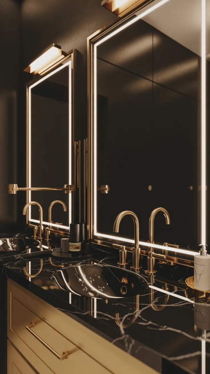 Black and gold bathroom decor ideas featuring modern luxury styling and elegant black themed bathroom design inspiration