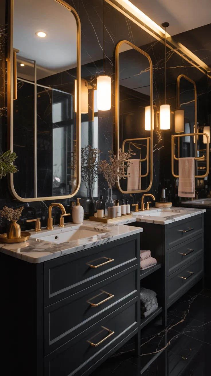 Black and gold bathroom decor ideas featuring modern luxury styling and elegant black themed bathroom design inspiration