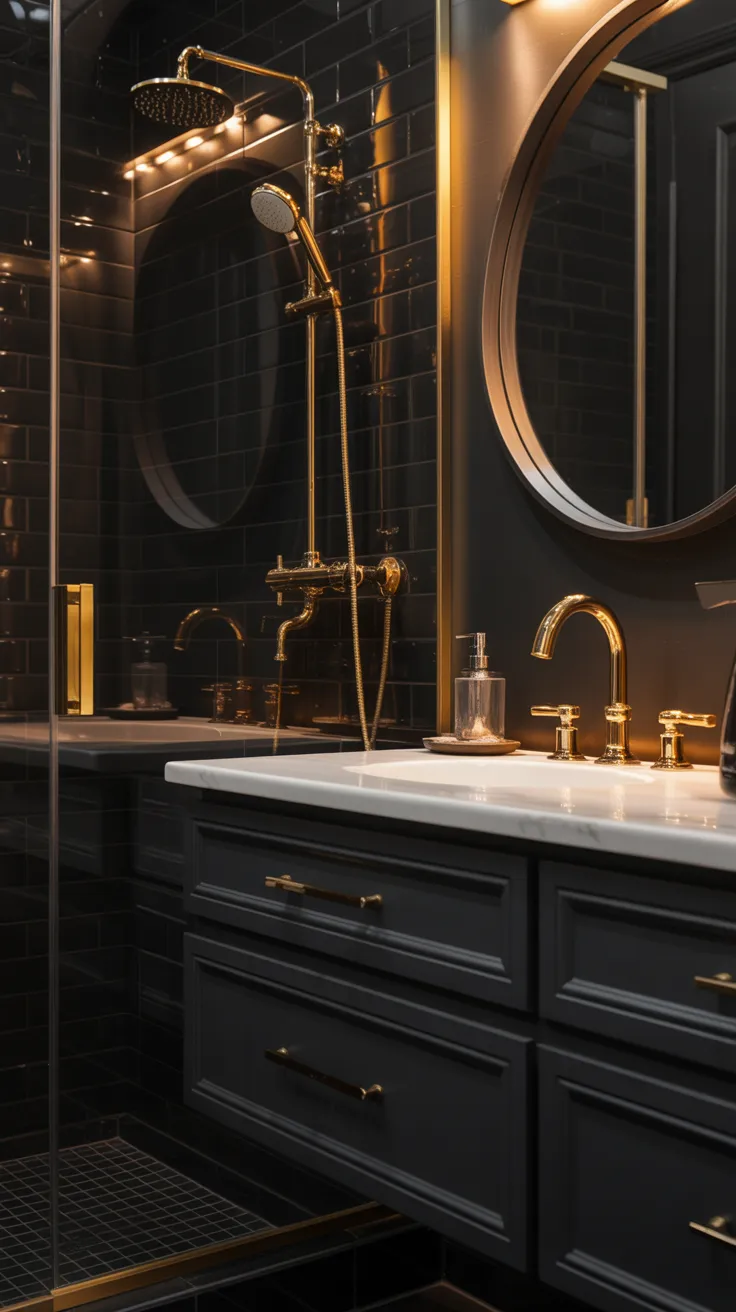 Black and gold bathroom decor ideas featuring modern luxury styling and elegant black themed bathroom design inspiration