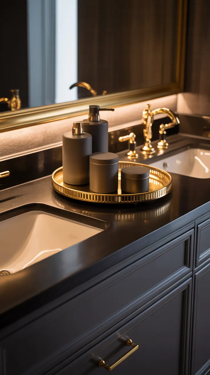 Black and gold bathroom decor ideas featuring modern luxury styling and elegant black themed bathroom design inspiration