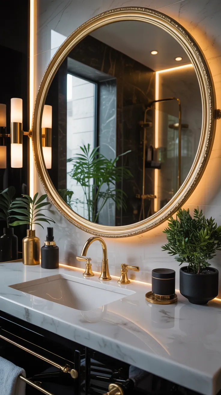 Black and gold bathroom decor ideas featuring modern luxury styling and elegant black themed bathroom design inspiration