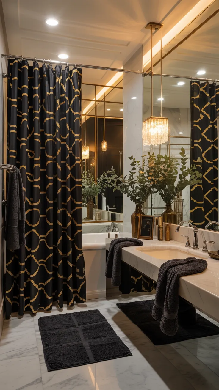 Black and gold bathroom decor ideas featuring modern luxury styling and elegant black themed bathroom design inspiration