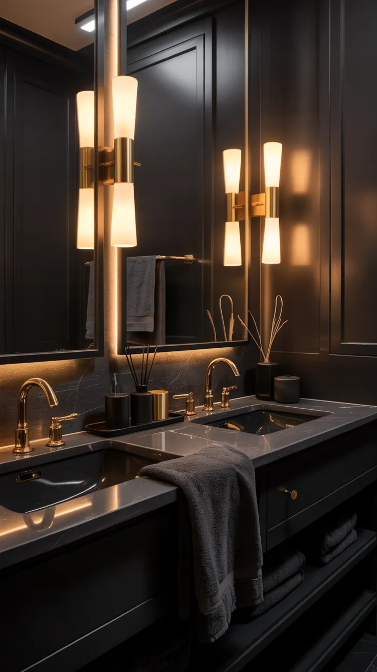 Black and gold bathroom decor ideas featuring modern luxury styling and elegant black themed bathroom design inspiration