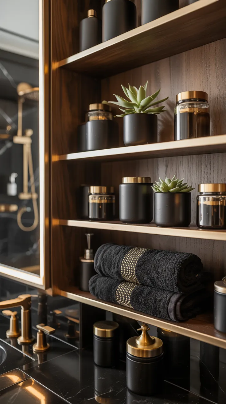 Black and gold bathroom decor ideas featuring modern luxury styling and elegant black themed bathroom design inspiration