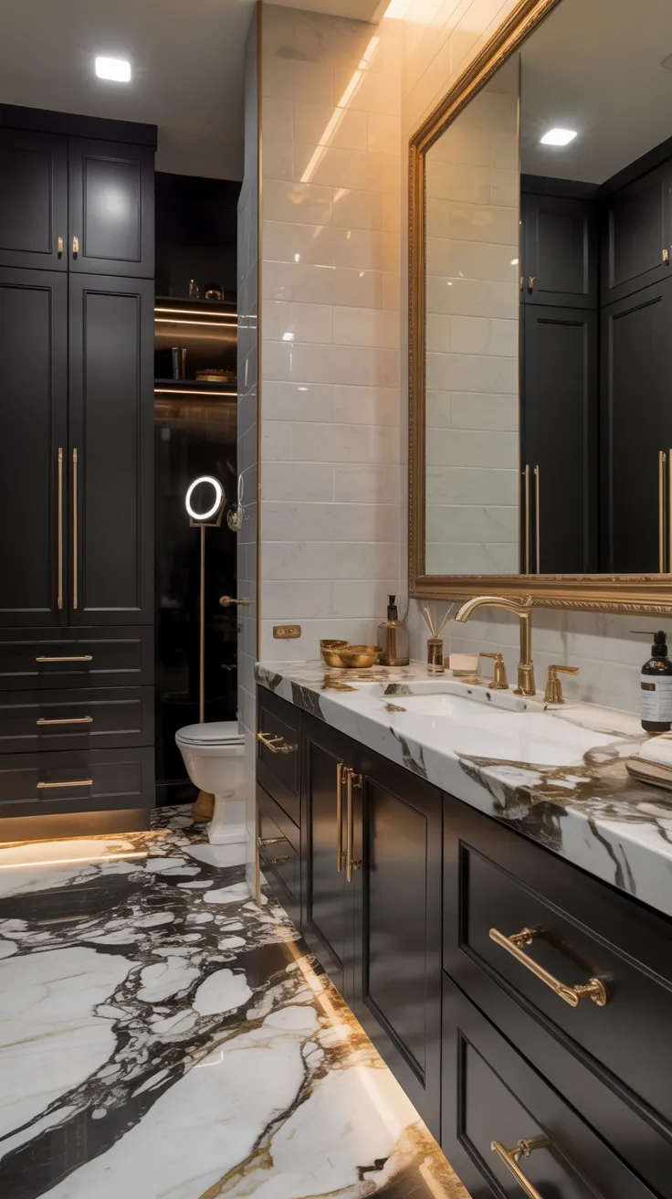 Black and gold bathroom decor ideas featuring modern luxury styling and elegant black themed bathroom design inspiration