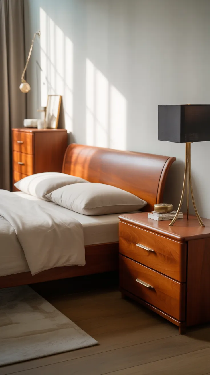 Cherry wood bedroom decor ideas featuring elegant wooden furniture, warm tones, and cozy modern bedroom styling inspiration