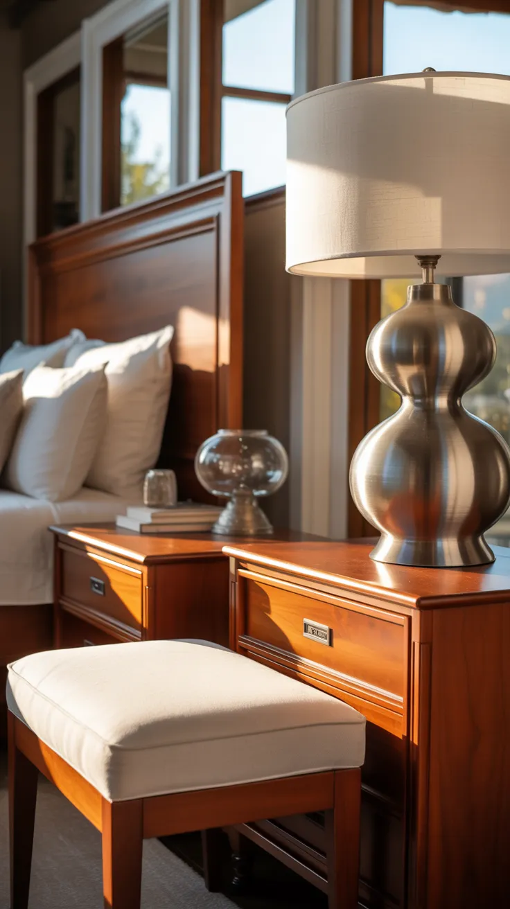 Cherry wood bedroom decor ideas featuring elegant wooden furniture, warm tones, and cozy modern bedroom styling inspiration