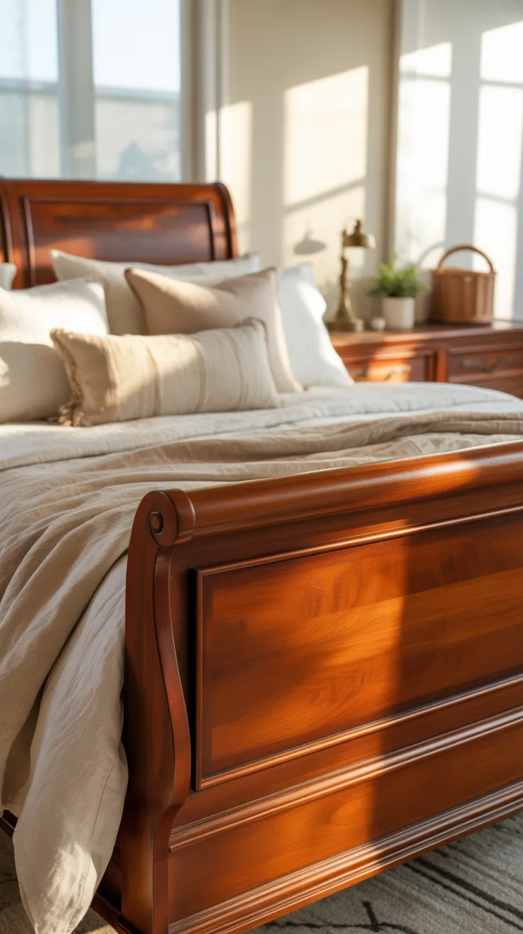 Cherry wood bedroom decor ideas featuring elegant wooden furniture, warm tones, and cozy modern bedroom styling inspiration