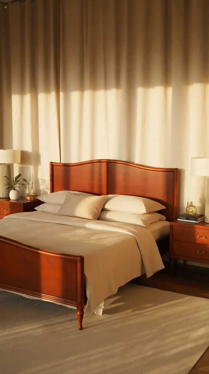 Cherry wood bedroom decor ideas featuring elegant wooden furniture, warm tones, and cozy modern bedroom styling inspiration