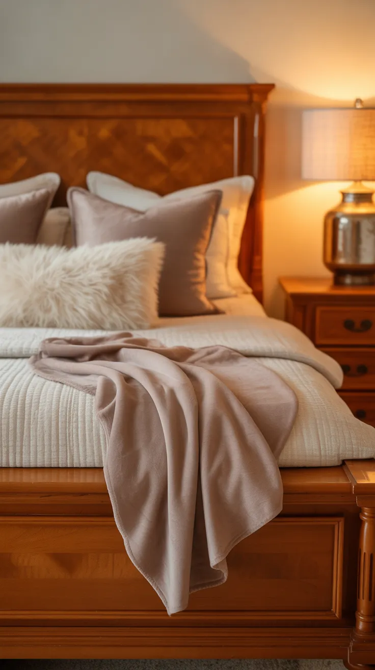 Cherry wood bedroom decor ideas featuring elegant wooden furniture, warm tones, and cozy modern bedroom styling inspiration
